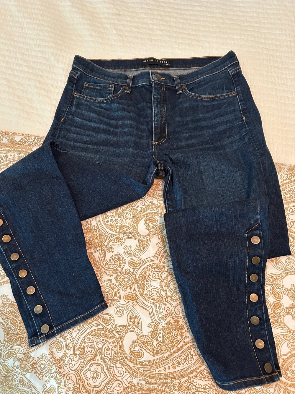 Veronica Beard Dark Blue Cropped Button-Cuff Jeans